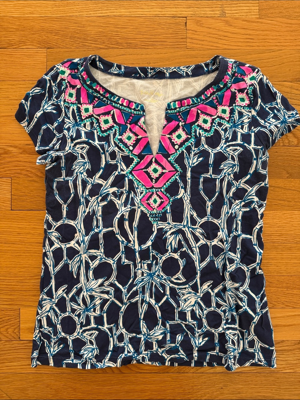 Lilly Pulitzer Navy Short Sleeve Top with Pink & Teal Embroidery